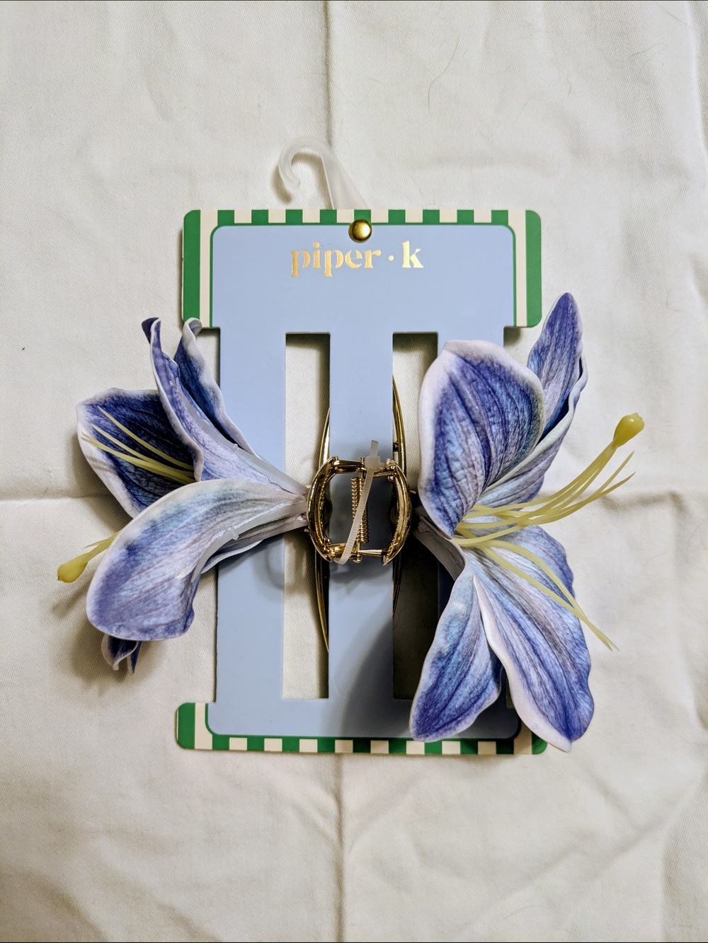 2/$25 - Piper K Blue Floral Hair Claw Clip with Gold-Tone Accent